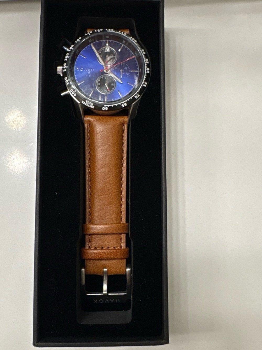 Men's Chronograph Watch with Blue Dial and Brown Leather Strap